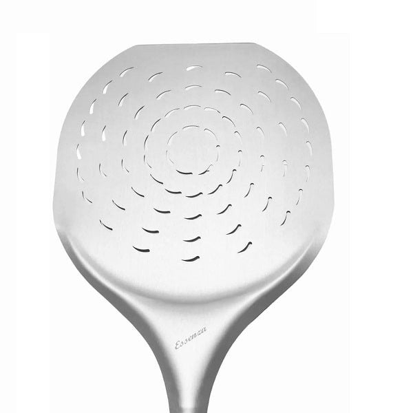 Pala de pizza perforada de aluminio Essenza de 34 cm semi-redonda.